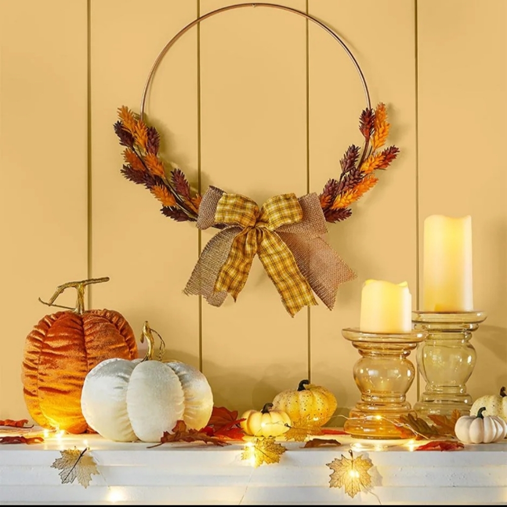 FARMHOUSE PLUSH PUMPKIN PILLOWS & FALL WREATH DECOR SET OF 5 NWT $100 RETIRED